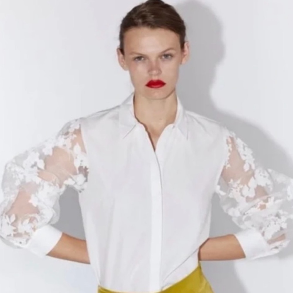 Zara white poplin shirt Lace Sleeve Detail Size Medium